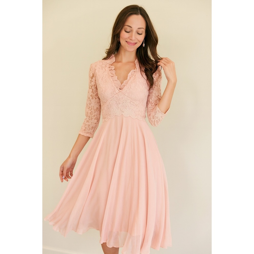 JC Penney Vintage 70s Pink Maxi Dress Lacy Chiffon Ruffle V Neck Lined Zip